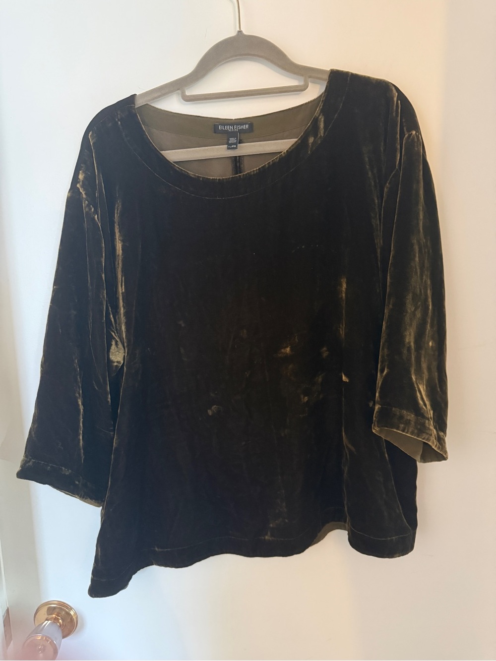 Eileen Fisher Petite Large Olive Silk Velvet Tunic Top 3/4 Sleeve Quiet Luxury